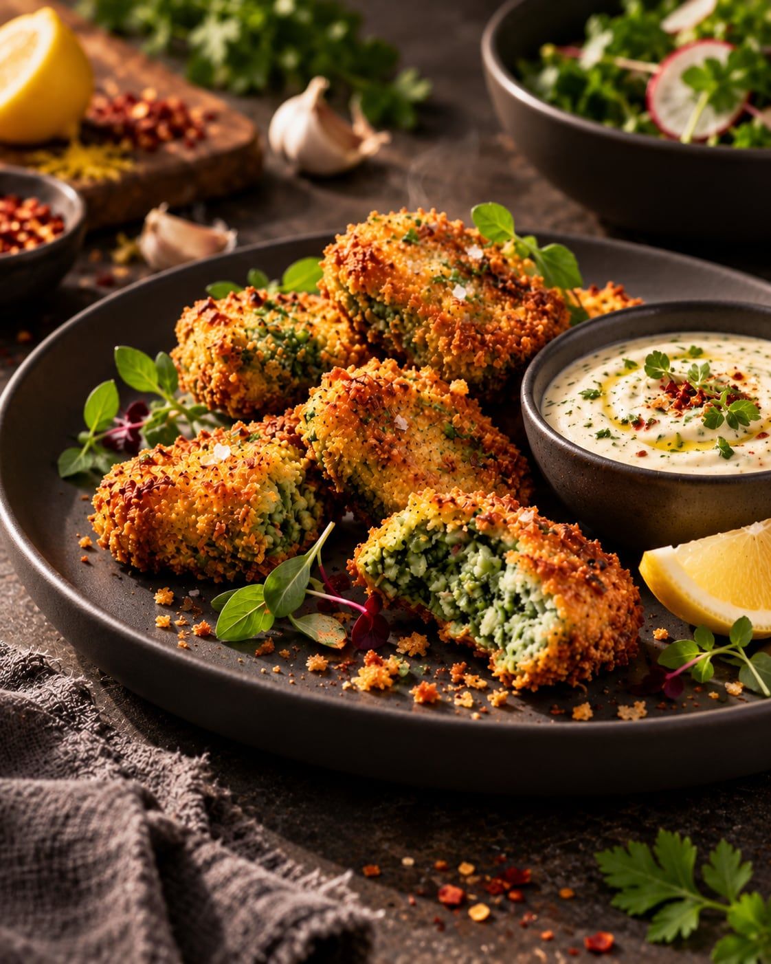 Gebratene Bites mit frischer Spirulina, Röstaromen