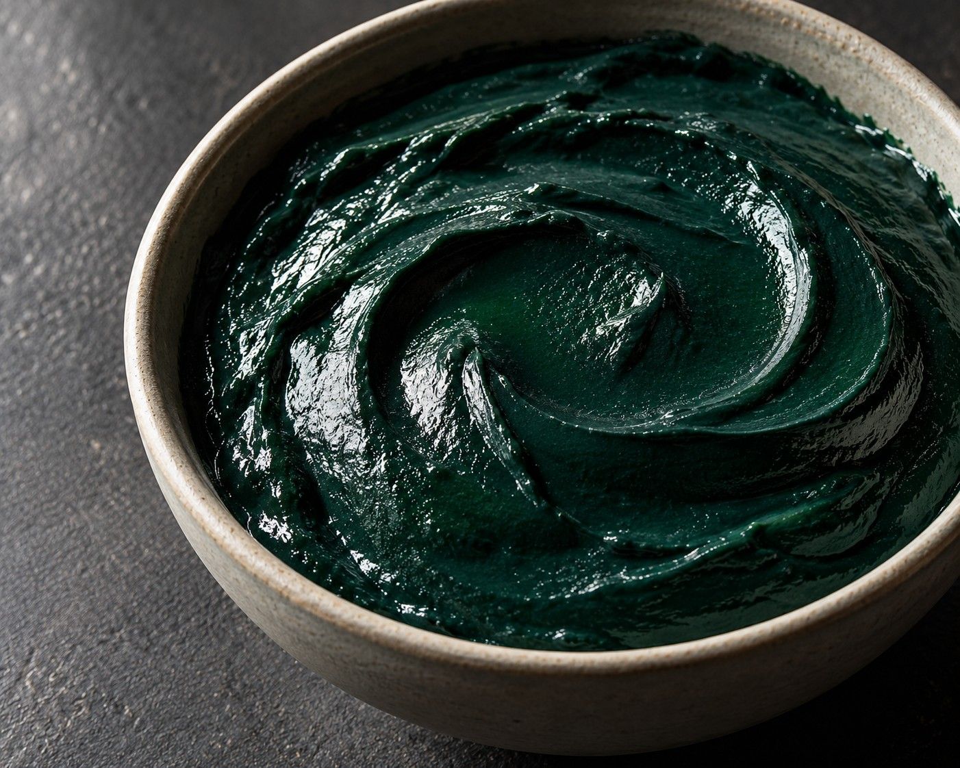 Frische Spirulina als glänzende, cremige Paste in einer Keramikschale