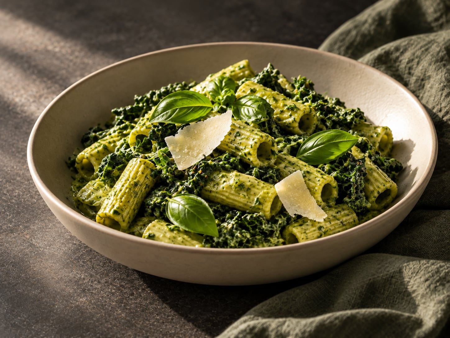 Pasta with spirulina pesto