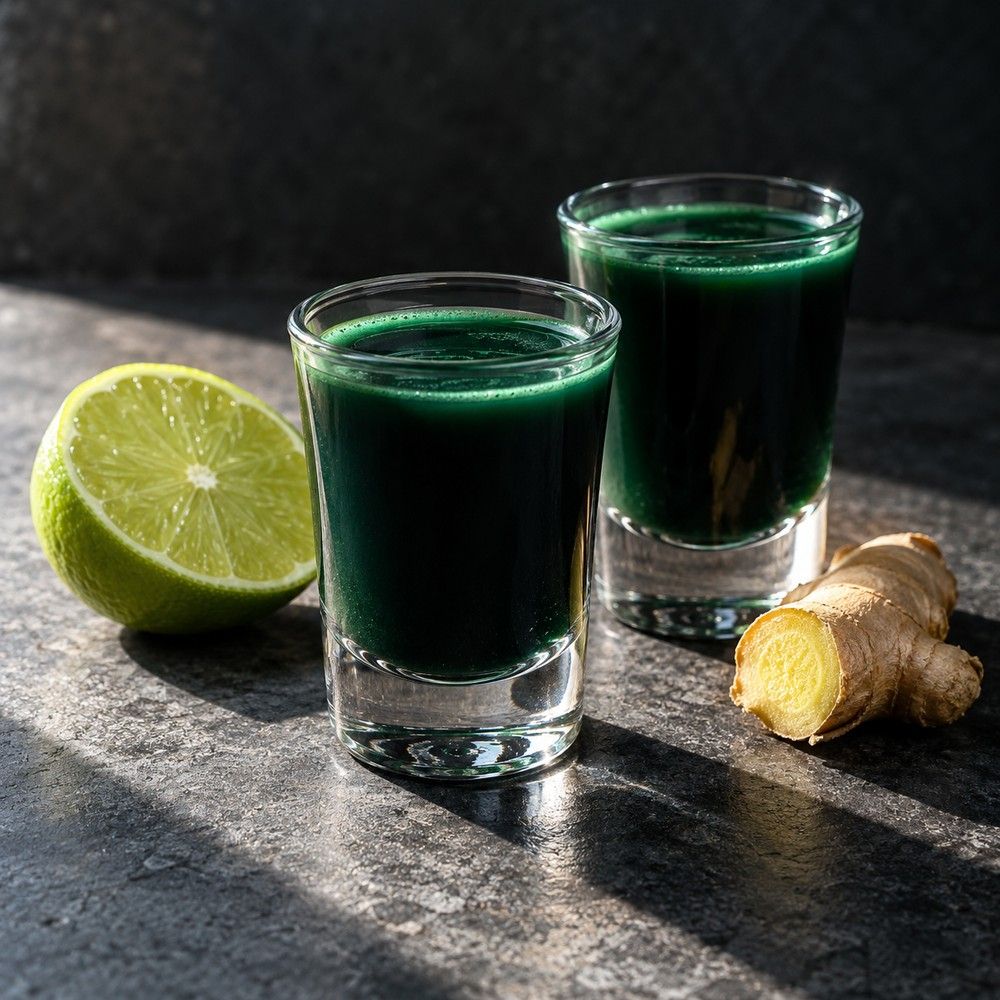 Shots mit frischer Spirulina, Limette und Ingwer