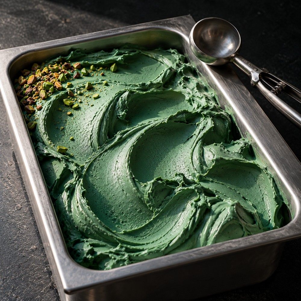 Eis mit frischer Spirulina in der Edelstahlwanne